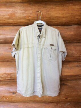 Harley Davidson Khaki Beige Metal Logo Iconic Cut Off Short Sleeve Shirt Size XL